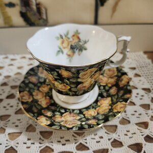 Royal Albert Merrie Chatsworth Teacup and Saucer Set Bone China England Black